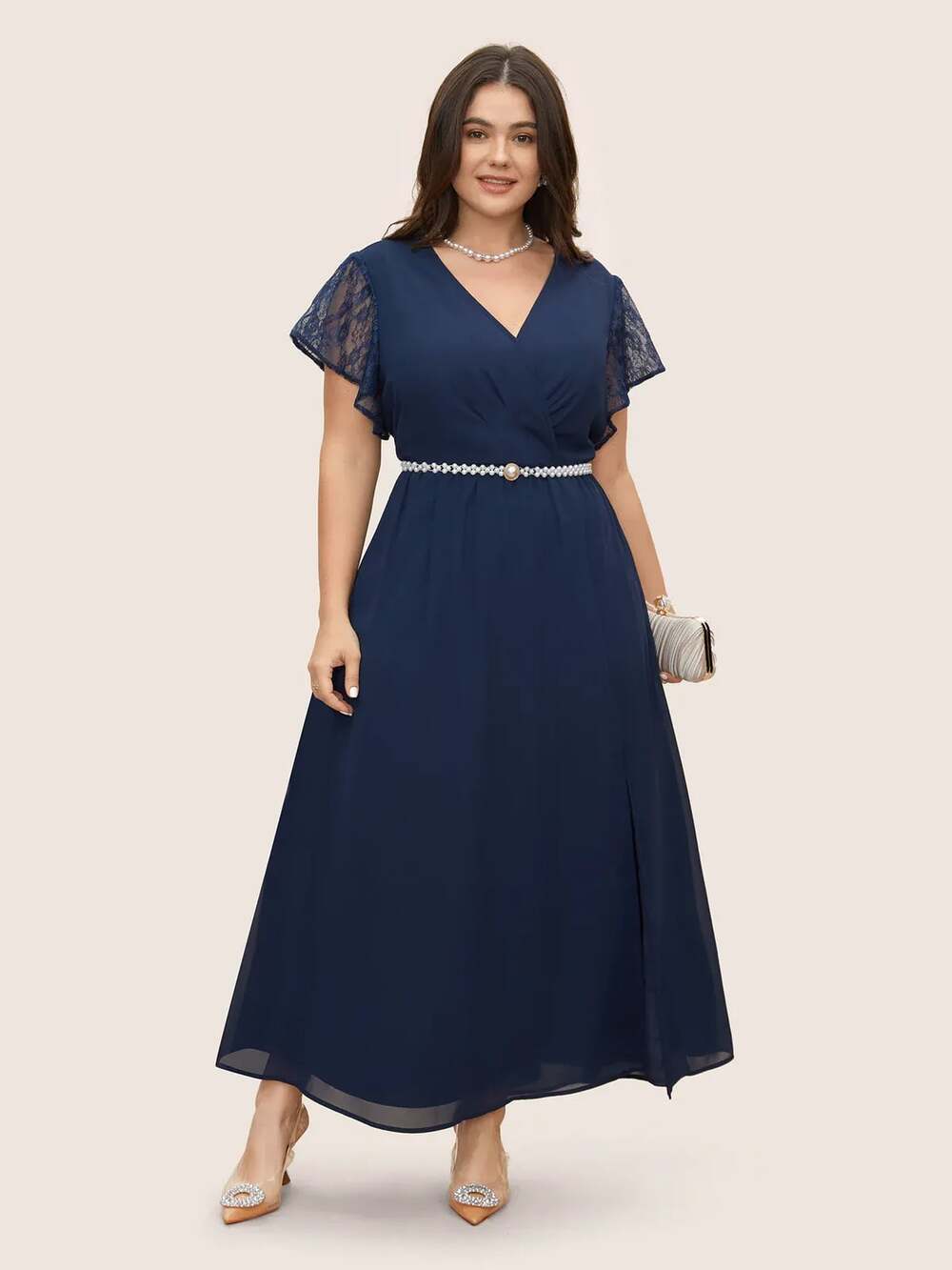 BloomChic Navy Blue Maxi Dress with Lace Sleeves